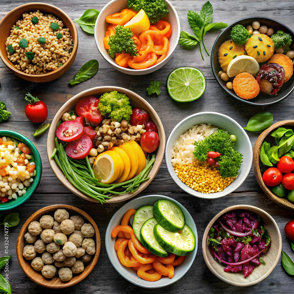 bowls with tasty and nutritious food top view bowls with tasty and nutritious food top view