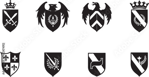 set of heraldic shields, shield, emblem, icon, vector, symbol, heraldic, crest, design, illustration, sign, badge, banner, decoration, arms, frame, insignia, crown, label, element, heraldry, vintage, 