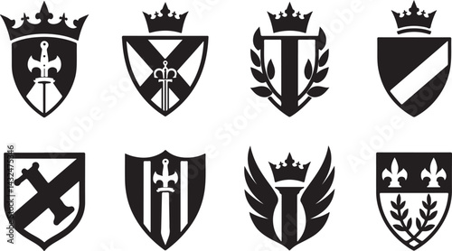 set of heraldic shields, shield, emblem, icon, vector, symbol, heraldic, crest, design, illustration, sign, badge, banner, decoration, arms, frame, insignia, crown, label, element, heraldry, vintage, 