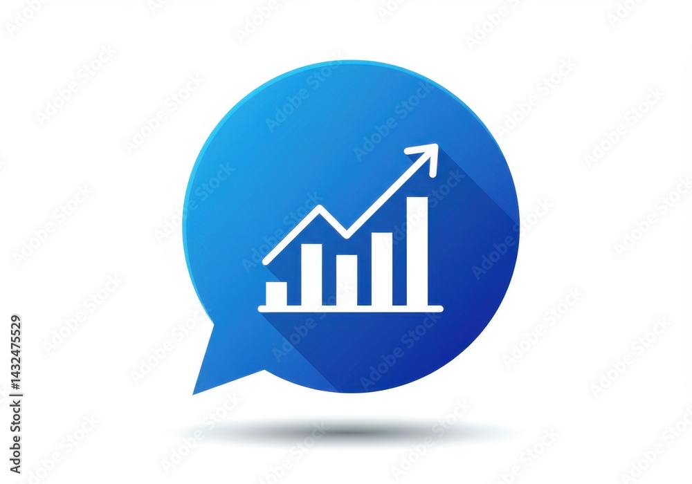 Blue speech bubble with a rising graph and arrow pointing upward isolated on white background Blue speech bubble with a rising graph and arrow pointing upward isolated on white background