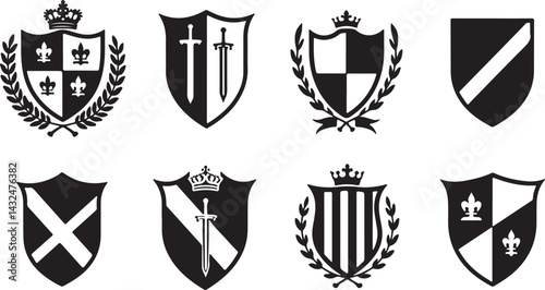 set of heraldic shields, shield, emblem, icon, vector, symbol, heraldic, crest, design, illustration, sign, badge, banner, decoration, arms, frame, insignia, crown, label, element, heraldry, vintage, 