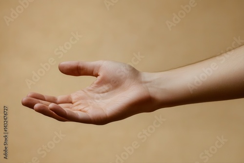 A close-up of an outstretched human hand against a soft, neutral background