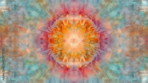 A vibrant, symmetrical pattern of swirling colors, radiating outwards from a central point.