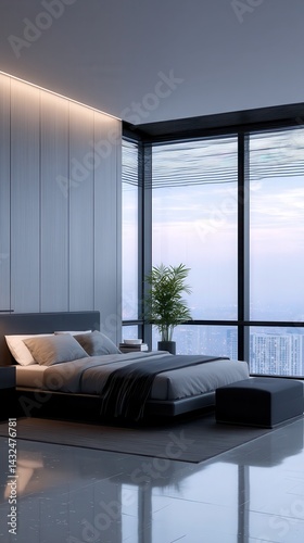 modern luxury bedroom at the top floor of a glass skyscraper, floor-to-ceiling windows showing a vast cityscape below, king-size bed with minimalist decor, soft indirect lighting.