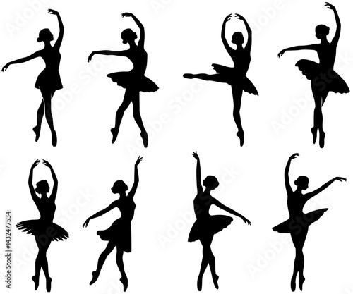 Black silhouettes of ballet dancers in various poses show the art of dance
