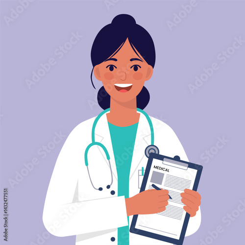 A female doctor smiling while holding a medical report and stethoscope