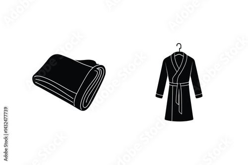 Folded Towel And Bathrobe On Hanger Black Silhouette Vector Illustration