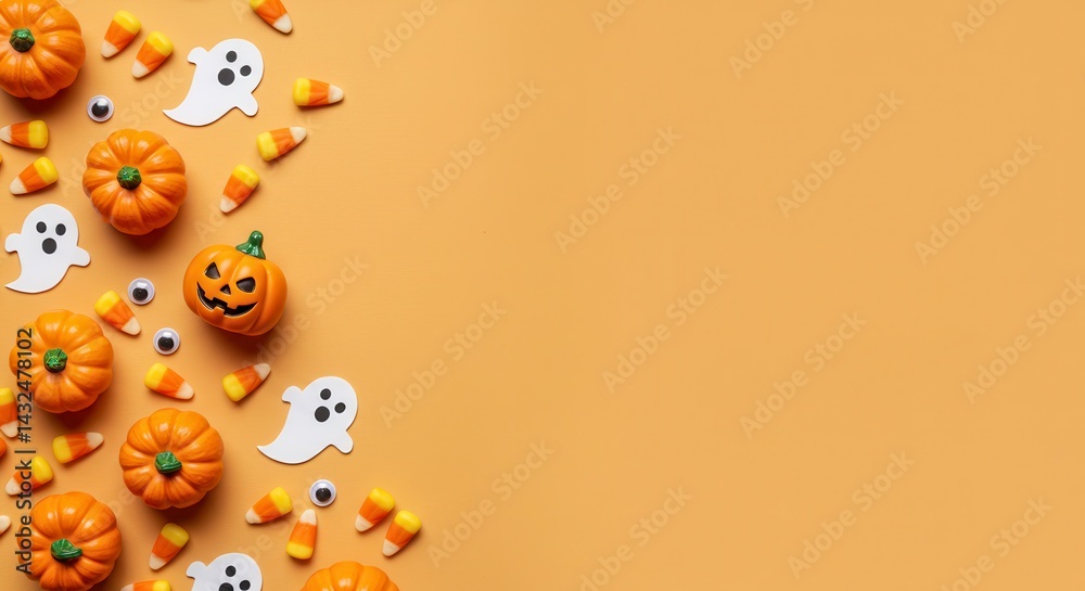 Obraz premium Overhead shot of pumpkins, candy corn, and ghost cutouts arranged on a yellow background. Halloween themed flat lay with copy space for seasonal promotions and designs.
