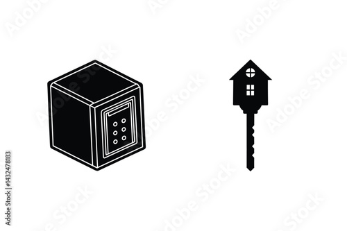Home Security Concept With House Key And Safe Box Minimalist Vector Illustration