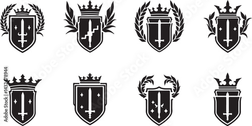 set of heraldic shields, shield, emblem, icon, vector, symbol, heraldic, crest, design, illustration, sign, badge, banner, decoration, arms, frame, insignia, crown, label, element, heraldry, vintage, 
