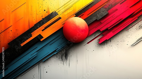 Abstract Red Sphere Amidst Dynamic Orange and Red Stripes