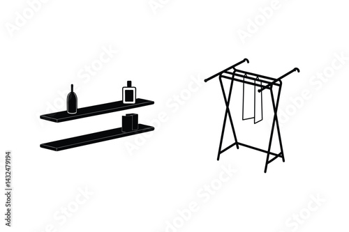 Silhouette Of Minimalist Shelves And Clothing Rack For Interior Design Concepts