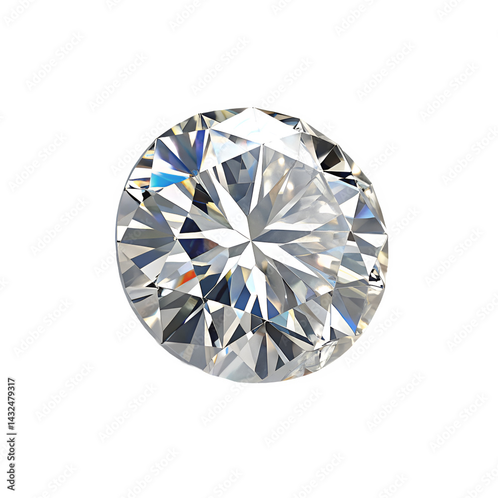 A rotated top-down view of a round diamond gem, isolated, highlighting its brilliant facets and sparkling clarity. A rotated top-down view of a round diamond gem, isolated, highlighting its brilliant facets and sparkling clarity.