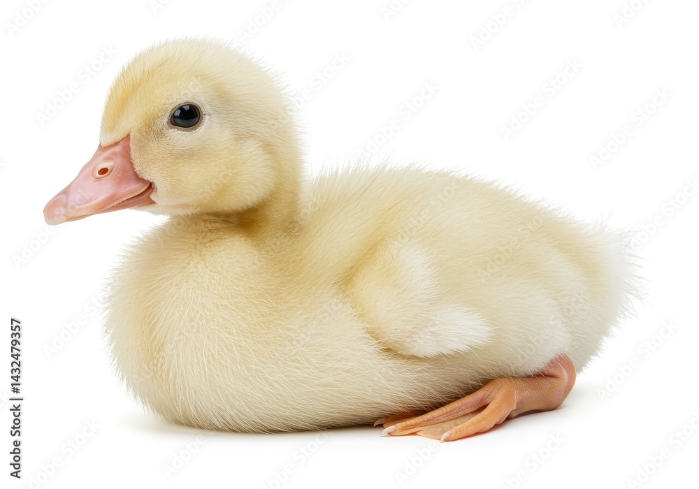 Fototapeta premium A fluffy yellow duckling sitting down on a white surface looking cute and adorable in a close up shot