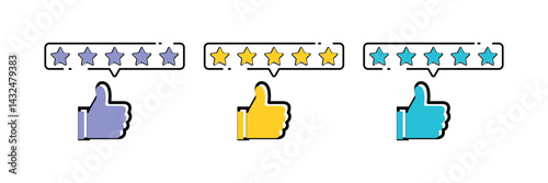 Thumbs Up and Five Star Rating Icons Set – Customer Feedback, User Review, Quality Score Symbols for Web and App Interface Design