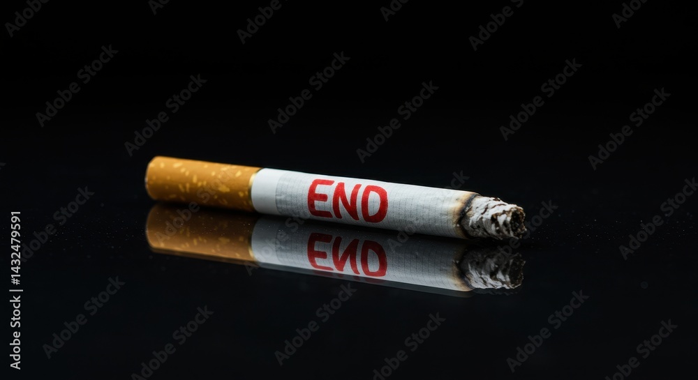 Obraz premium Close up of a lit cigarette with the word END in red on its side, symbolizing quitting smoking and the health risks associated with tobacco use on a reflective surface.
