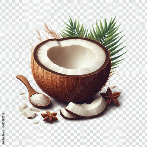 Coconut pieces isolated on transparent on white background.