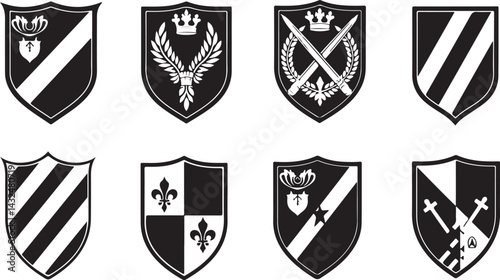 set of heraldic shields, shield, emblem, icon, vector, symbol, heraldic, crest, design, illustration, sign, badge, banner, decoration, arms, frame, insignia, crown, label, element, heraldry, vintage, 