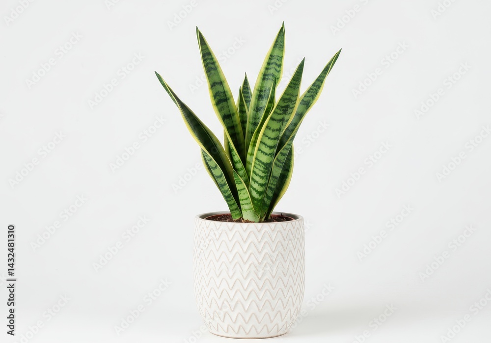 A snake plant in a white pot with a textured design against a plain white background in a studio shot A snake plant in a white pot with a textured design against a plain white background in a studio shot
