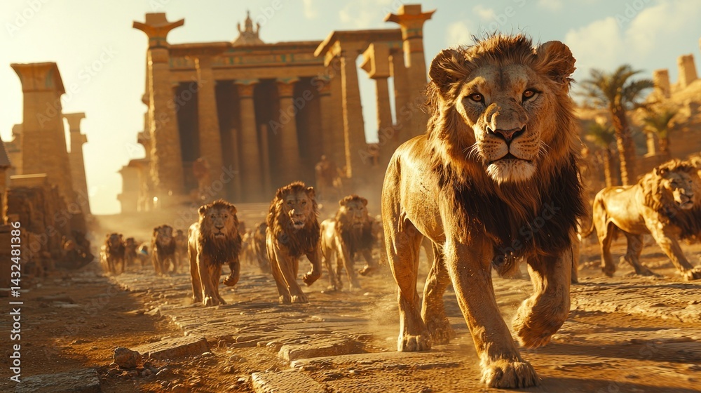 Naklejka premium Majestic Lions March Towards Ancient City