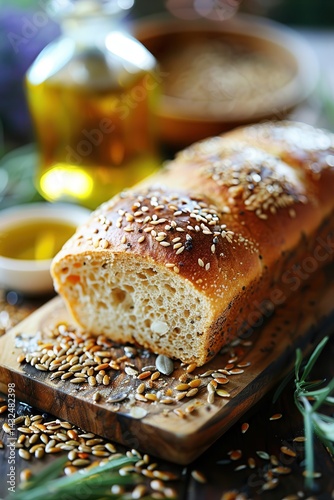 Whole Grain Bread Loaf with Seeds and Olive Oil for Rustic Kitchen Decor