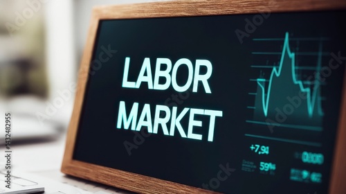 Close-up of digital screen showing labor market graph with job o 