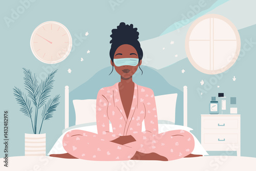 African woman in pajama set applying sleep mask cream before bedtime, relaxing night care scene vector illustration