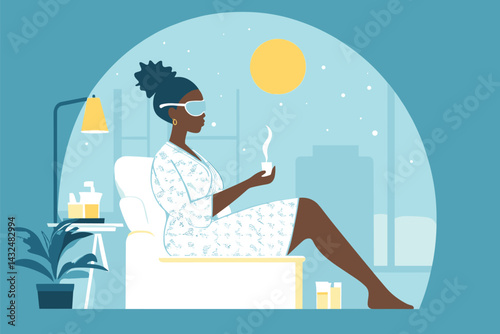 African woman in pajama set applying sleep mask cream before bedtime, relaxing night care scene vector illustration