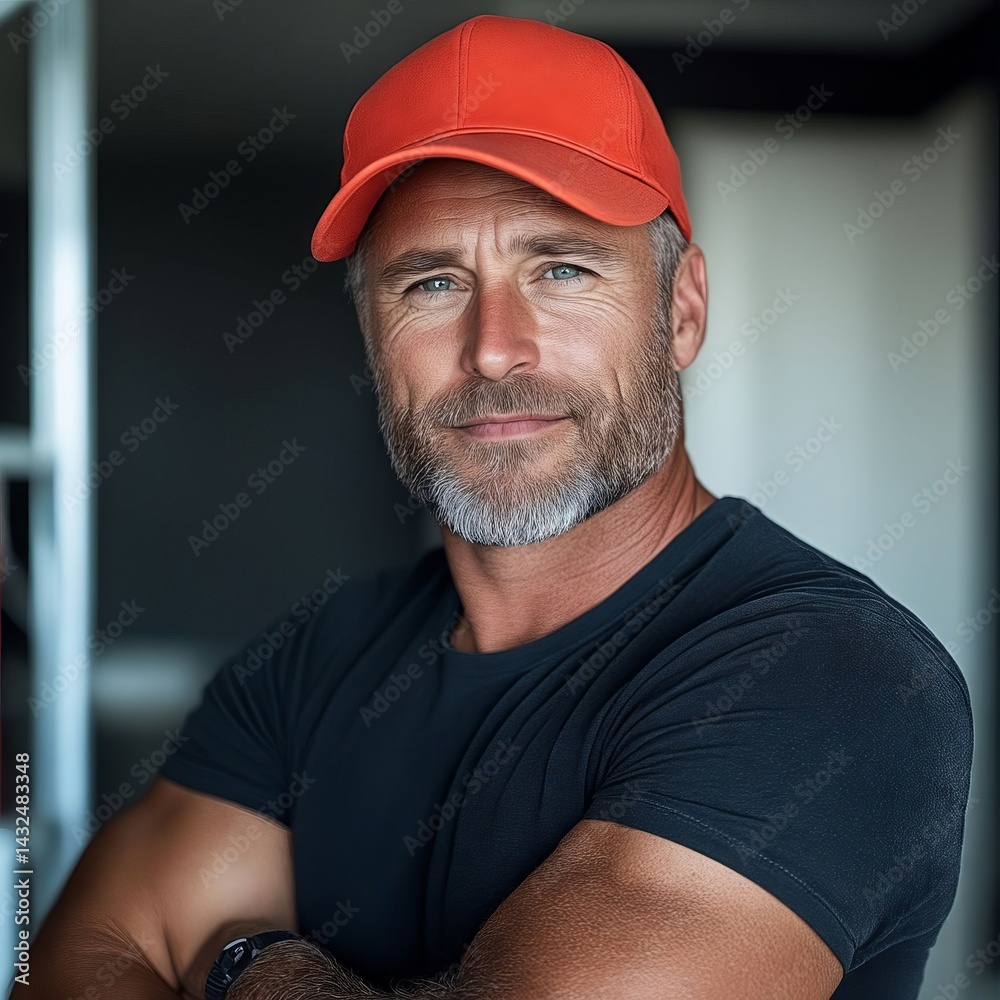 A man wearing a red baseball cap with his arms crossed A man wearing a red baseball cap with his arms crossed