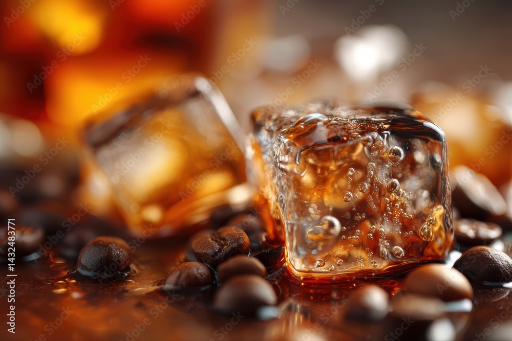 Macro Shot of Melting Ice Cubes in Cold Brew Coffee with Caramel Tones and Coffee Beans