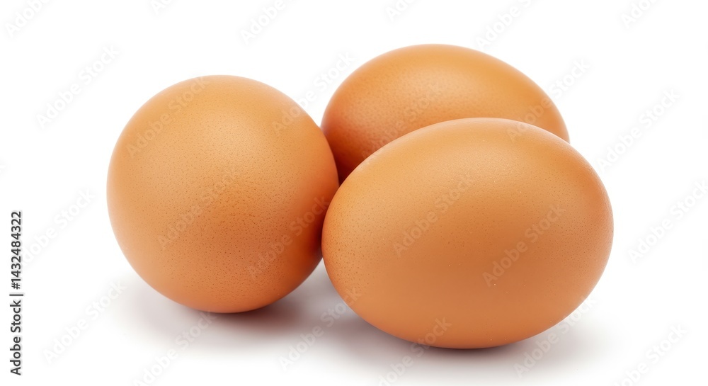 Three brown eggs arranged closely together on a white surface in a studio setting close up view Three brown eggs arranged closely together on a white surface in a studio setting close up view