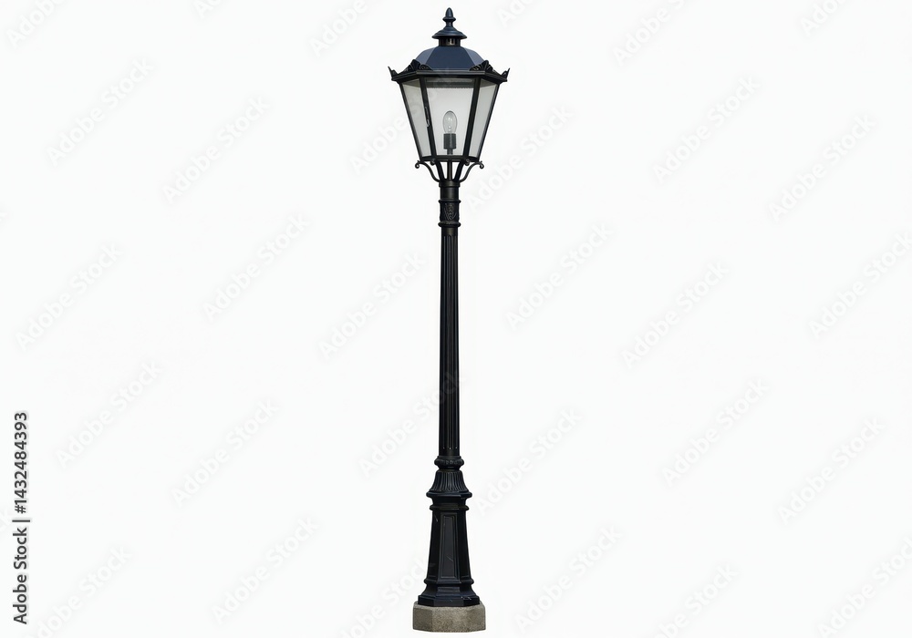 A black ornate street lamp with a clear glass enclosure stands on a light gray base against white background A black ornate street lamp with a clear glass enclosure stands on a light gray base against white background