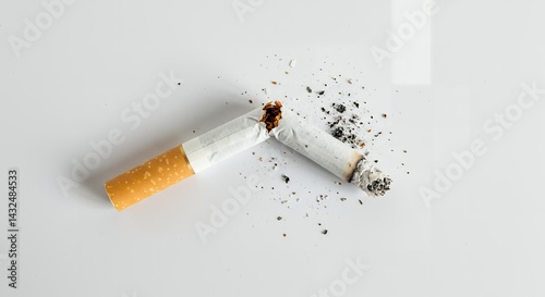 Broken cigarette on white background symbolizing quitting smoking and tobacco addiction awareness
