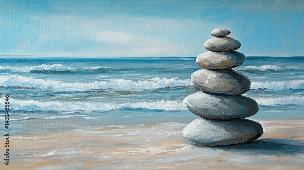 Fototapeta premium Peaceful beach scene with stacked rocks