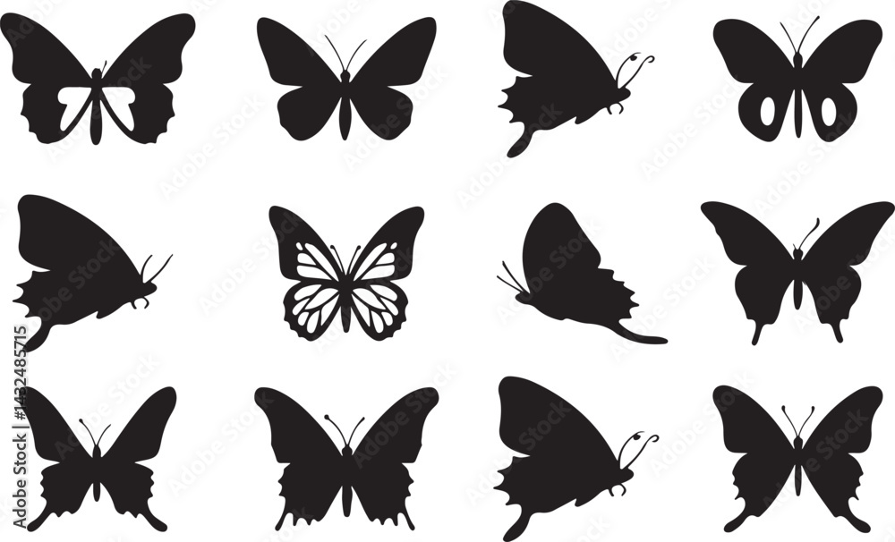 Flying butterflies silhouette black vector set isolated Flying butterflies silhouette black vector set isolated