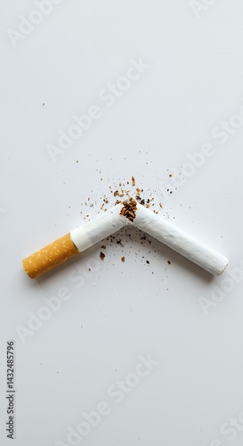 Broken cigarette on white background symbolizing quitting smoking and tobacco addiction awareness