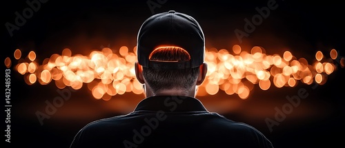 A person with a cap faces a horizon of orange lights in the dark. Mysterious and artistic