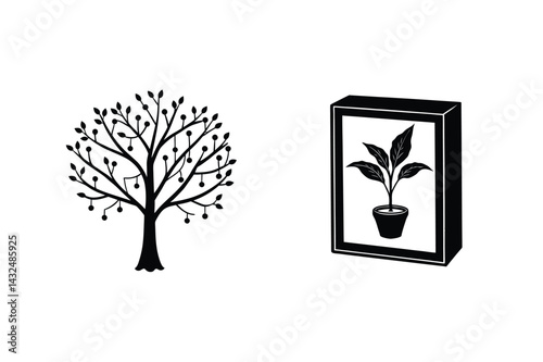 Black And White Vector Illustration Featuring A Tree And Potted Plant Art