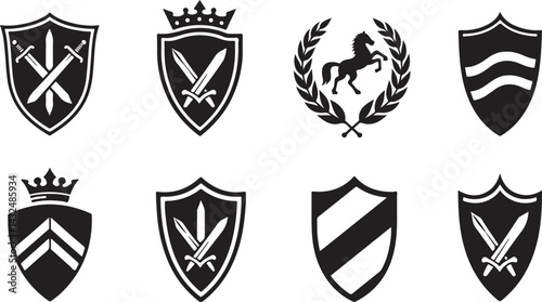 set of heraldic shields, shield, emblem, icon, vector, symbol, heraldic, crest, design, illustration, sign, badge, banner, decoration, arms, frame, insignia, crown, label, element, heraldry, vintage, 
