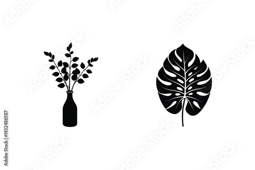 Black Botanical Vector Illustration Of Vase With Leaves And A Monstera Leaf