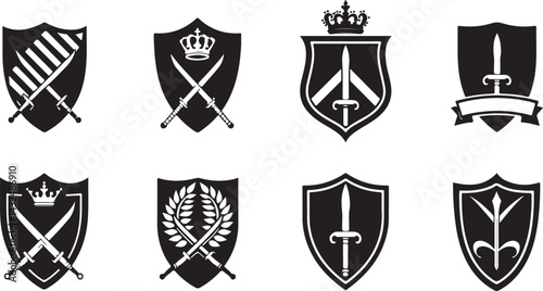 set of heraldic shields, shield, emblem, icon, vector, symbol, heraldic, crest, design, illustration, sign, badge, banner, decoration, arms, frame, insignia, crown, label, element, heraldry, vintage, 