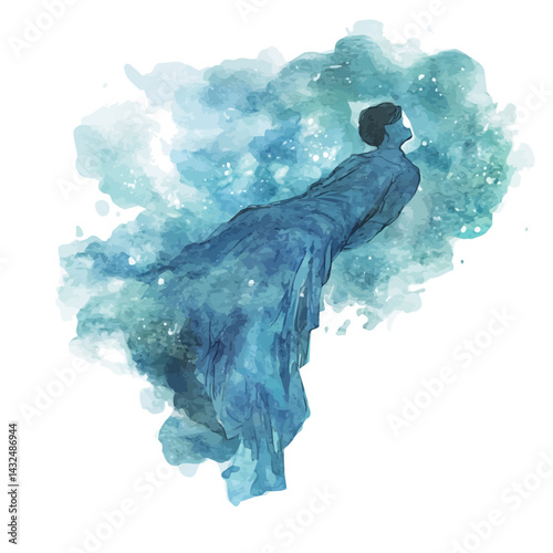 Soul Floating In The Afterlife, vector watercolor illustration, isolated on a white background.