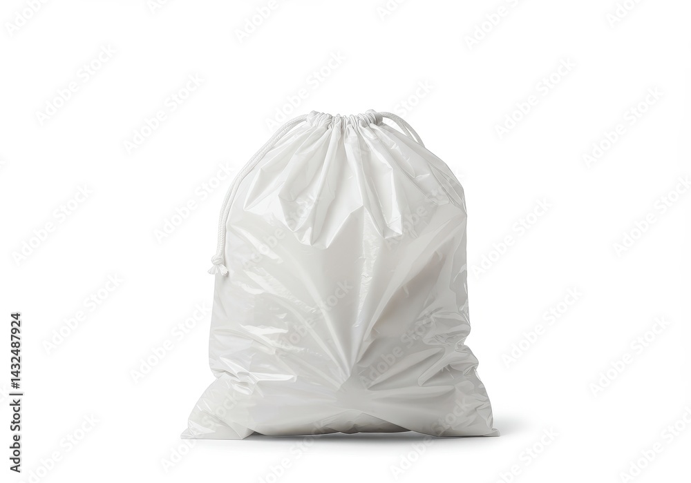 A white drawstring bag filled with items on a white background in a studio setting with soft lighting A white drawstring bag filled with items on a white background in a studio setting with soft lighting