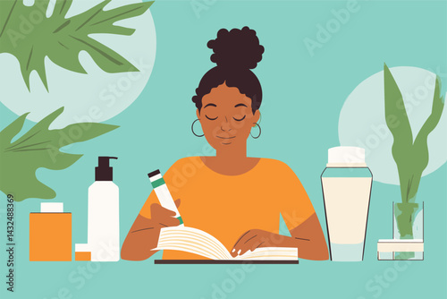 African woman journaling next to skincare products and water bottle, reflective evening routine vector illustration