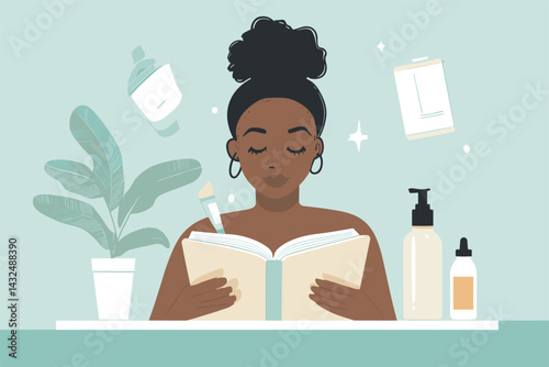 African woman journaling next to skincare products and water bottle, reflective evening routine vector illustration