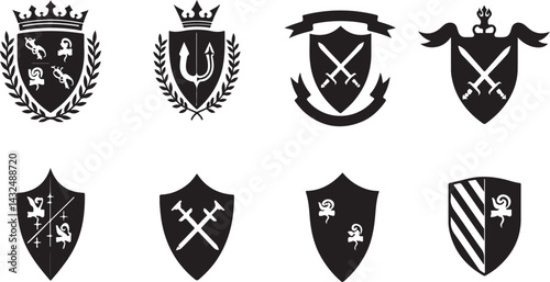 set of heraldic shields, shield, emblem, icon, vector, symbol, heraldic, crest, design, illustration, sign, badge, banner, decoration, arms, frame, insignia, crown, label, element, heraldry, vintage, 