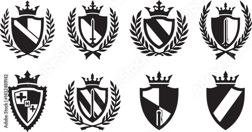 set of heraldic shields, shield, emblem, icon, vector, symbol, heraldic, crest, design, illustration, sign, badge, banner, decoration, arms, frame, insignia, crown, label, element, heraldry, vintage, 