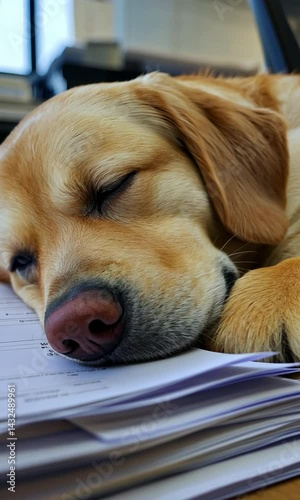A sleepy golden retriever rests its head on a stack of papers in an office setting