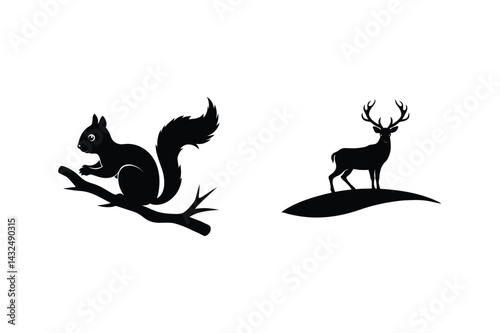 Wildlife Silhouette Graphic With Squirrel On Branch And Deer On Hill Illustration