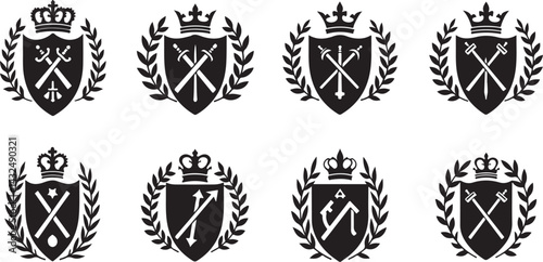 set of heraldic shields, shield, emblem, icon, vector, symbol, heraldic, crest, design, illustration, sign, badge, banner, decoration, arms, frame, insignia, crown, label, element, heraldry, vintage, 